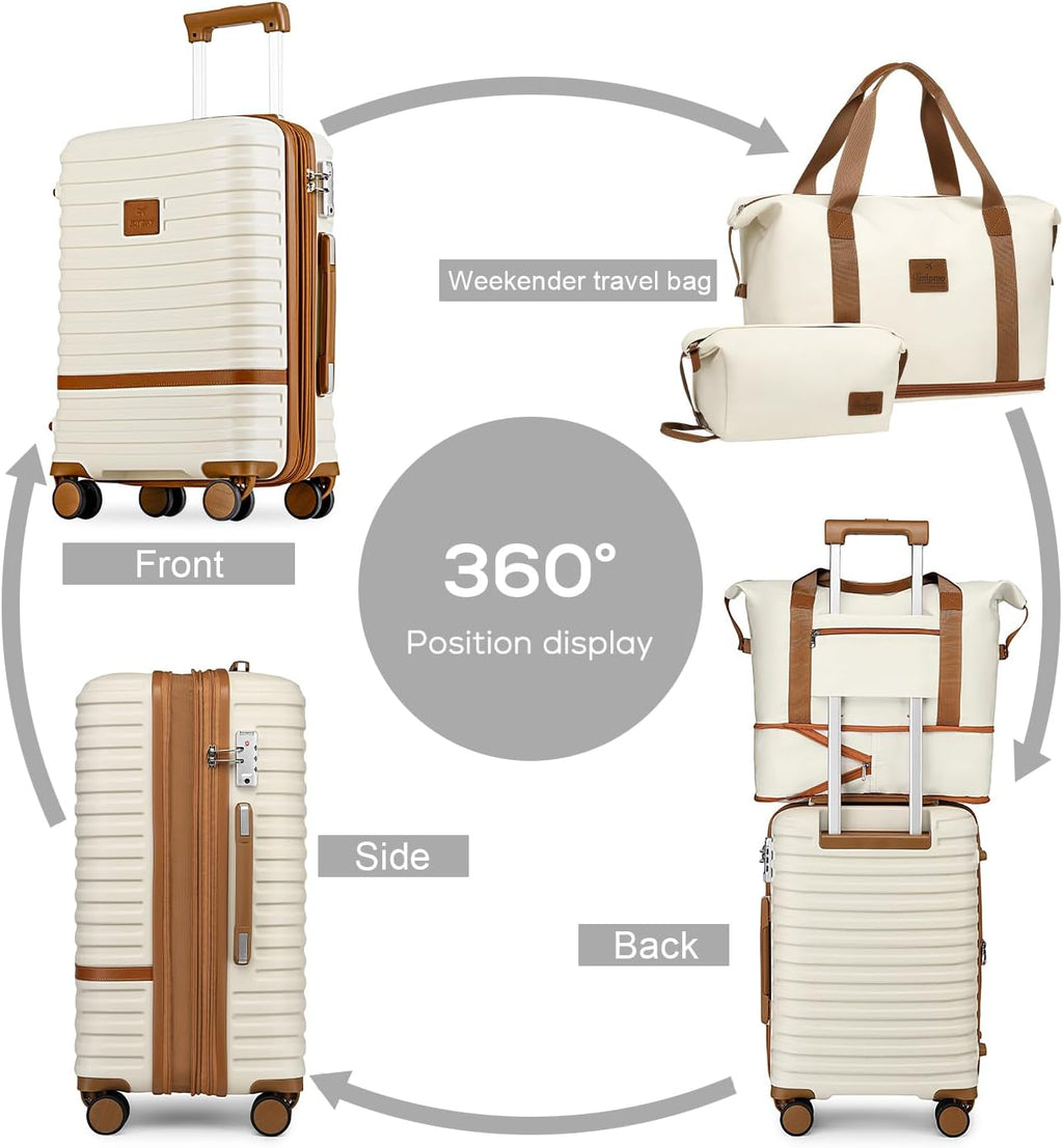 Luggage Set 3 Piece Suitcase Sets with Spinner Wheel,Hardside Expandable Travel Laggage with TSA Lock (13/20/24/28 White Brown