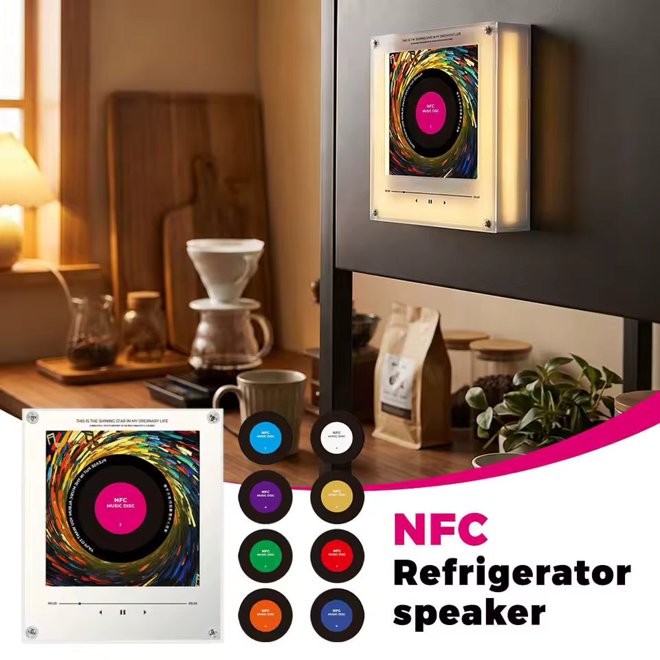 NFC Induction Music Player Fridge Magnet Decor with 9Pcs DIY Music Disc Cards, Rotatable Vintage Black Record Style