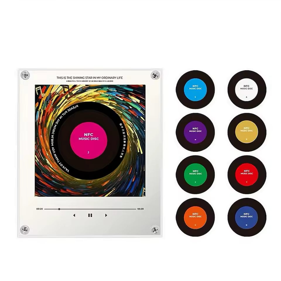 NFC Induction Music Player Fridge Magnet Decor with 9Pcs DIY Music Disc Cards, Rotatable Vintage Black Record Style