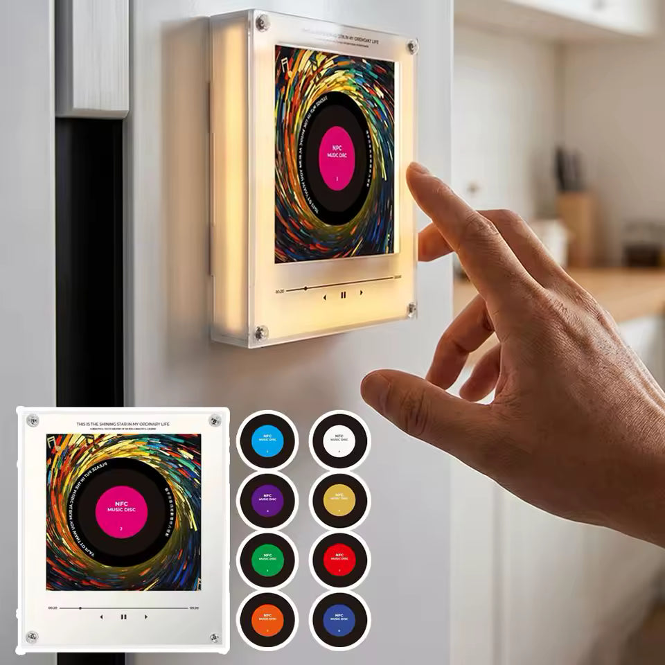 NFC Induction Music Player Fridge Magnet Decor with 9Pcs DIY Music Disc Cards, Rotatable Vintage Black Record Style