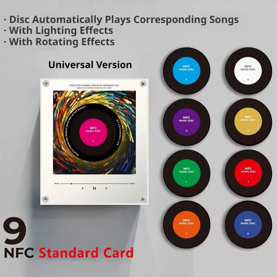 NFC Induction Music Player Fridge Magnet Decor with 9Pcs DIY Music Disc Cards, Rotatable Vintage Black Record Style