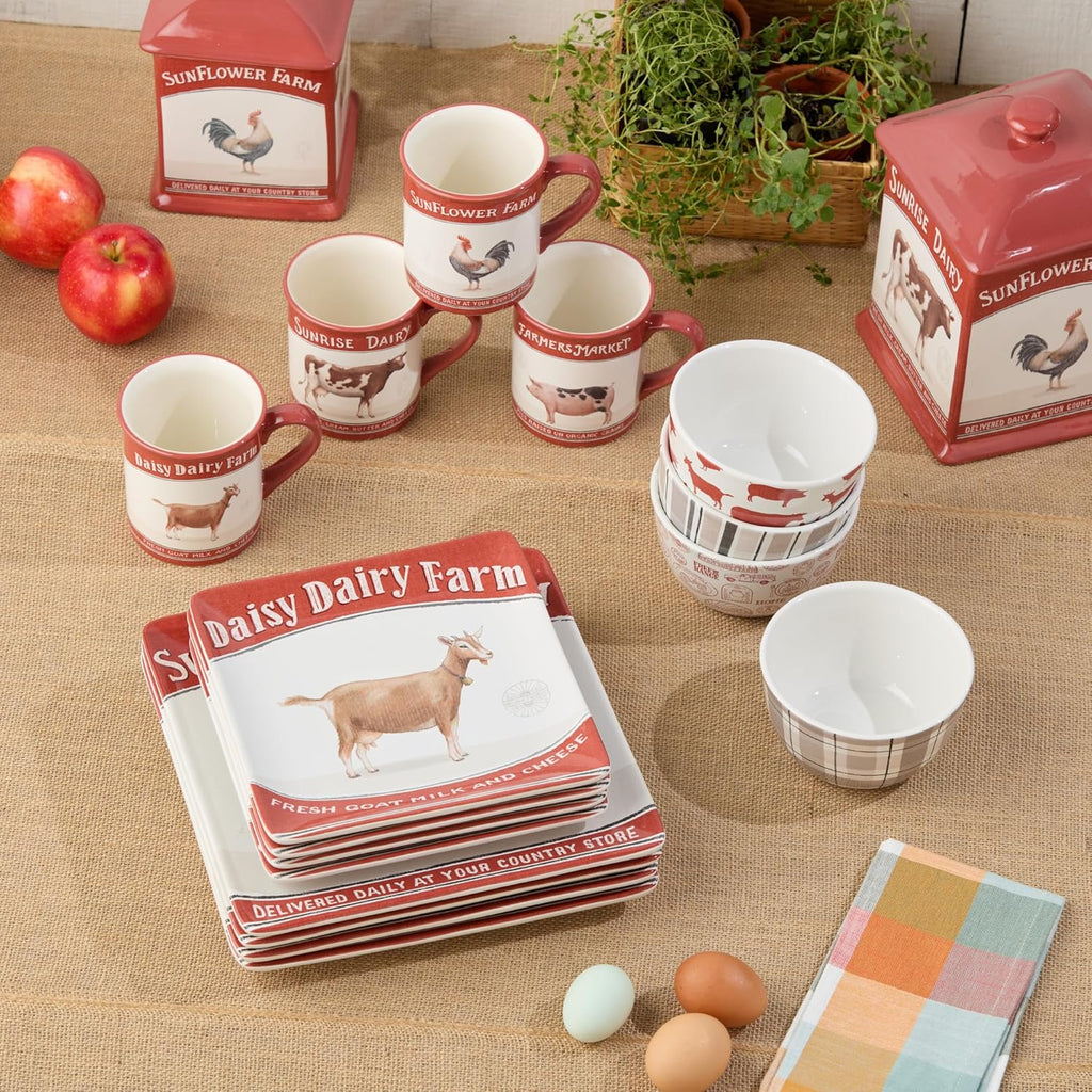 Vintage Farm 16-Piece Dinnerware Set, Includes 10.5-Inch Dinner Plates, 8.5-Inch Salad Plates, 16-Oz Mugs & 5.25-Inch Bowls, Farm Animal Design with Red Accents, Rustic & Dishwasher Safe