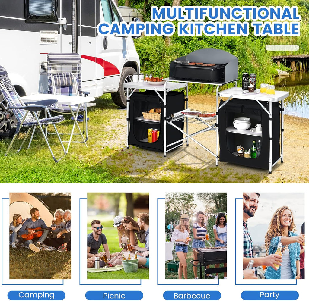 Folding Camping Table, 2-Tier Aluminum Camping Kitchen Table with Windscreen, Cook Station, Portable Camp Cook Table with Storage Organizer Shelves, Carry Bag, Ideal for Picnic, BBQ, Party