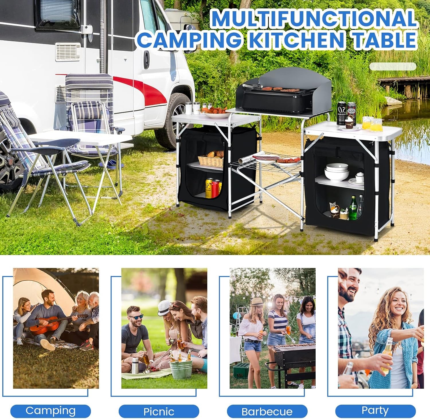Folding Camping Table, 2-Tier Aluminum Camping Kitchen Table with Windscreen, Cook Station, Portable Camp Cook Table with Storage Organizer Shelves, Carry Bag, Ideal for Picnic, BBQ, Party
