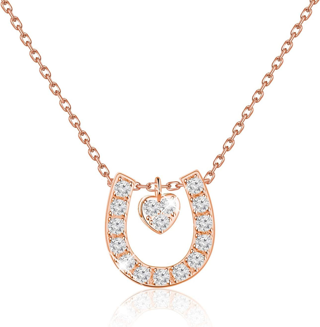 Horseshoe Charm Necklace Rose Gold Lucky Horseshoe with Love Heart Pendant Necklace Girlfriend Gift Daughter