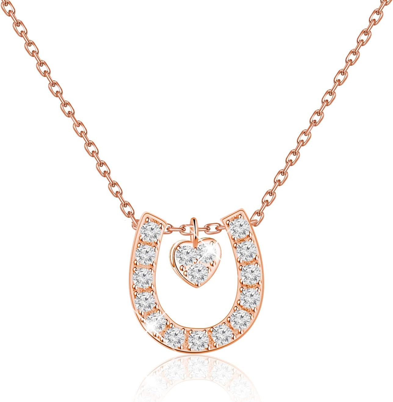 Horseshoe Charm Necklace Rose Gold Lucky Horseshoe with Love Heart Pendant Necklace Girlfriend Gift Daughter