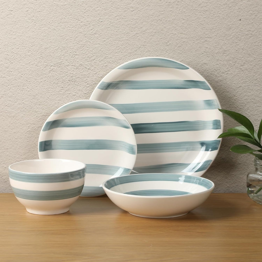 Kenwood Shores 16 Piece Dinnerware Set, Blue Striped, Hand-Painted Stoneware Dishes, Plates and Bowls, Service for 4, Microwave & Dishwasher Safe