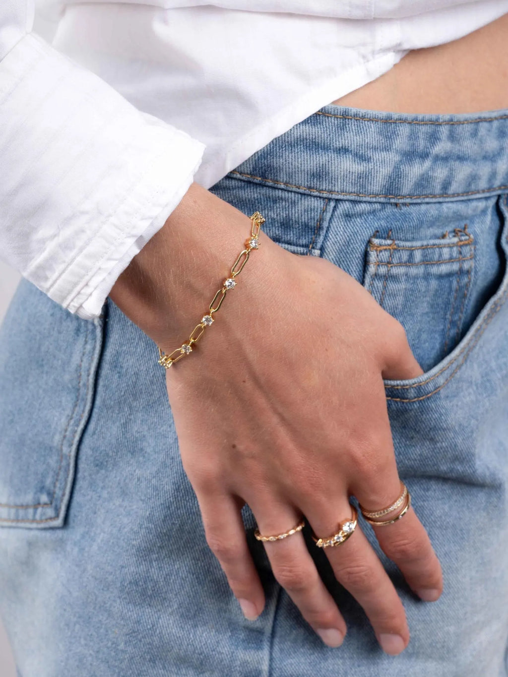 Paperclip Chain and Diamond Link Bracelet, Dainty Bracelet, Chain Bracelet, Minimalist Stackable Gold Bracelet, Gold Bracelet for Women