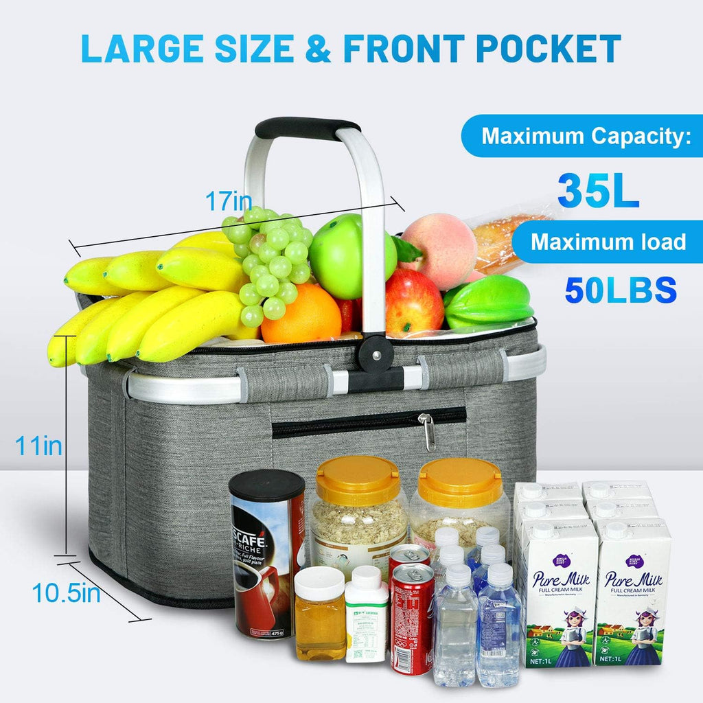 35L Large Picnic Basket 2 Layers of Internal Pockets Leak-Proof and Insulated ，Folding with Internal Support for Enhansed Stability, Wedding Gifts for Couple(Grey)