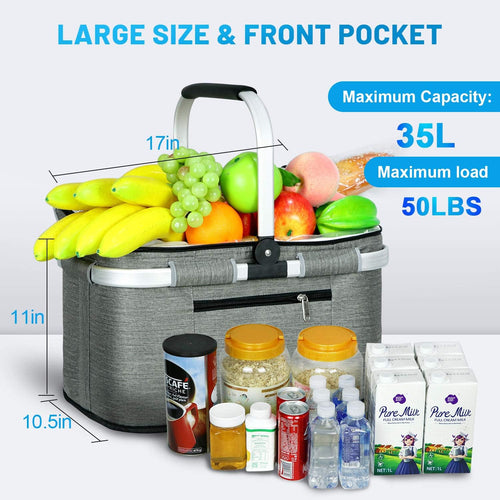 35L Large Picnic Basket 2 Layers of Internal Pockets Leak-Proof and Insulated ，Folding with Internal Support for Enhansed Stability, Wedding Gifts for Couple(Grey)