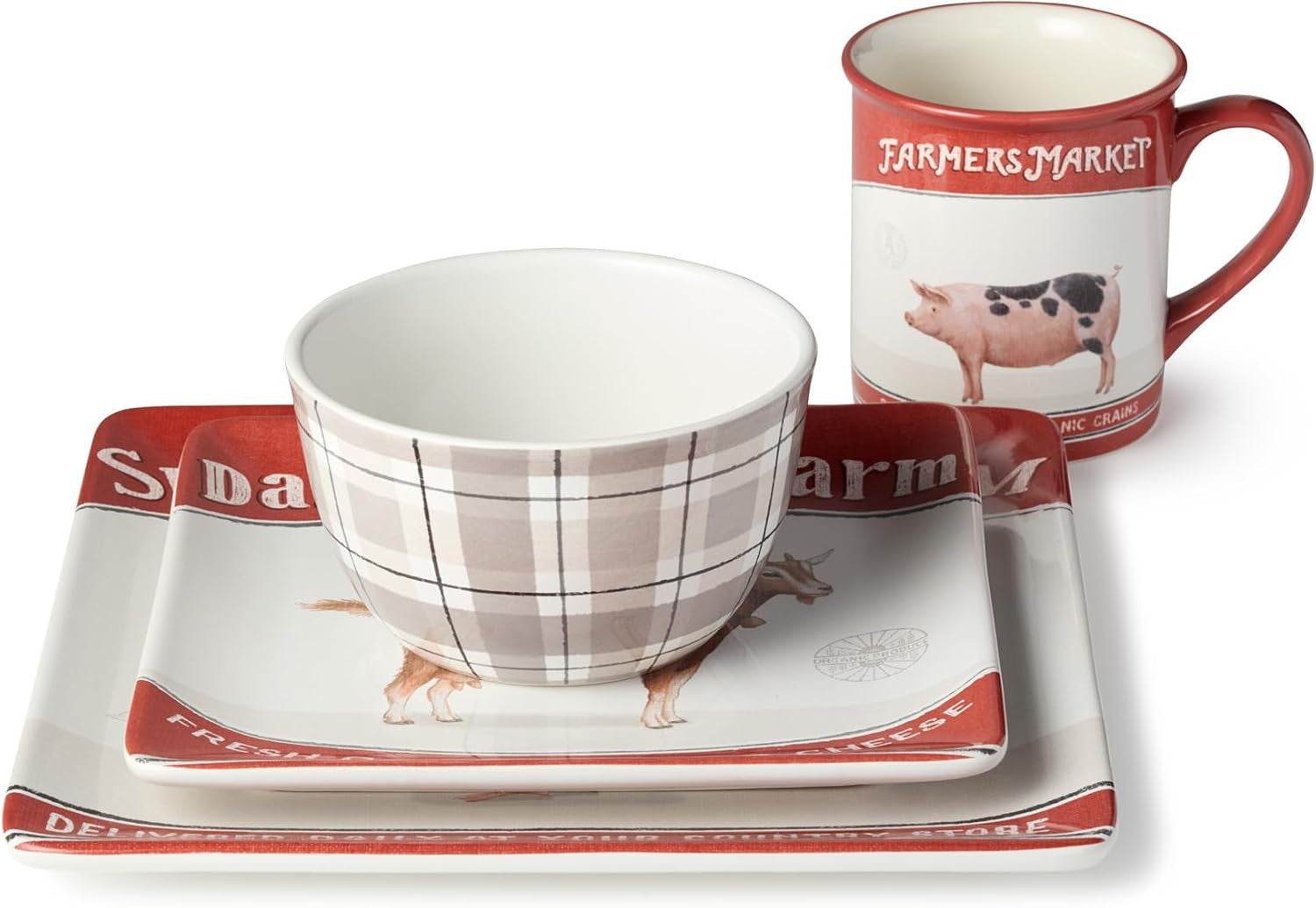 Vintage Farm 16-Piece Dinnerware Set, Includes 10.5-Inch Dinner Plates, 8.5-Inch Salad Plates, 16-Oz Mugs & 5.25-Inch Bowls, Farm Animal Design with Red Accents, Rustic & Dishwasher Safe