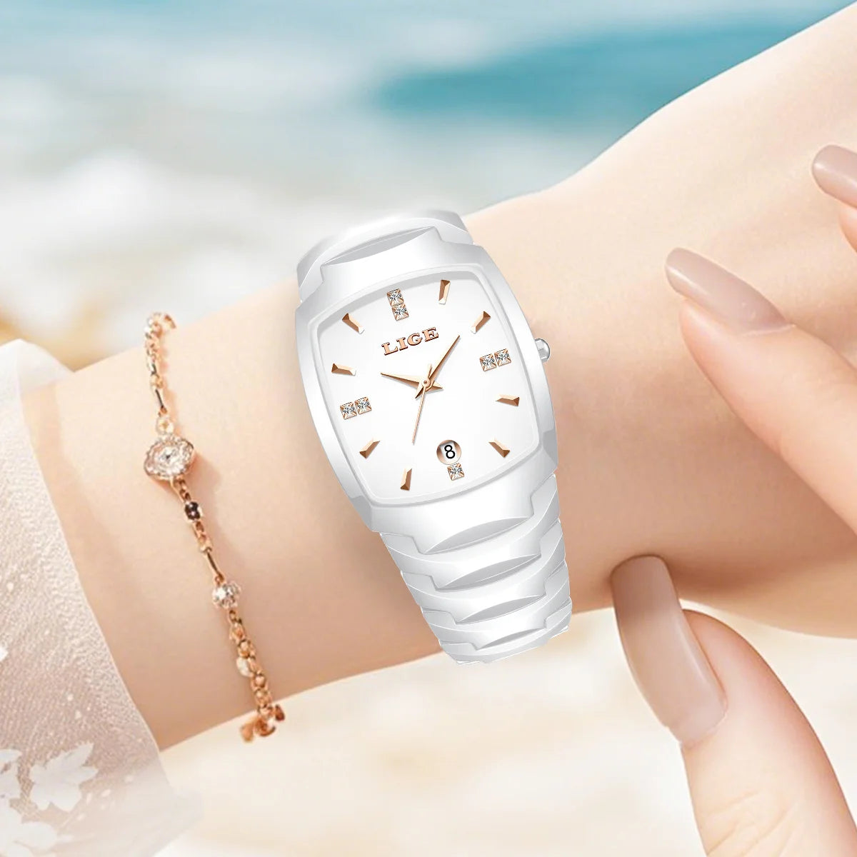Casual Elegant Women Watch Fashion White Ceramic Strap Calendar Quartz Watch Waterproof Business Luxury Gift Ladies Watches
