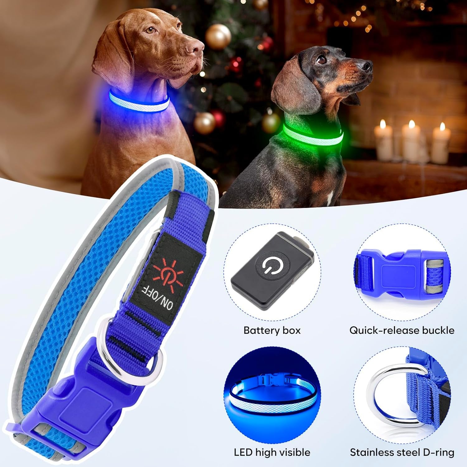 LED Dog Collar, Light up Dog Collar USB Rechargeable, Brightest Dog Lights for Night Walking, Adjustable Dog Collar Light for Dog Safety (Blue, Small)
