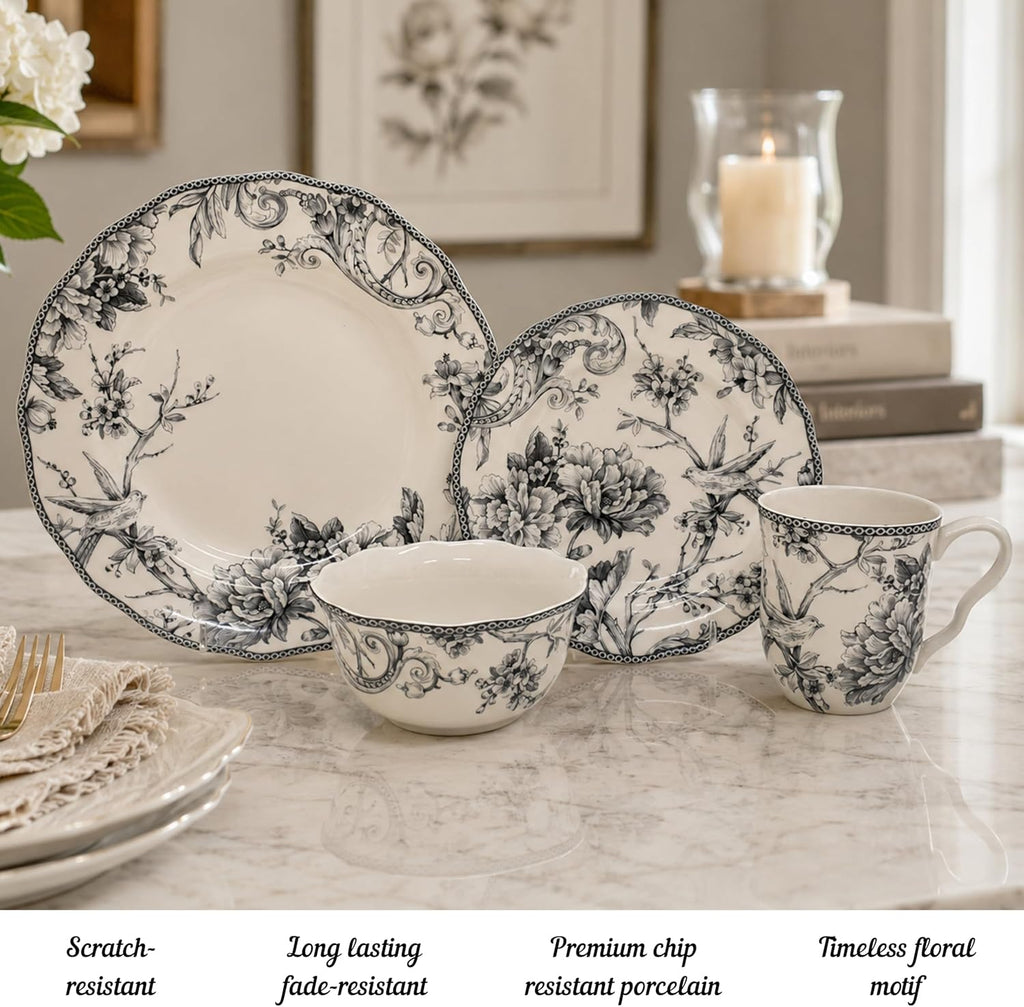 Adelaide 16-Piece Casual Grey Porcelain Dinnerware Set – Service for 4, Classic Toile Bird & Floral Design, Microwave & Dishwasher Safe, for Everyday Dining & Entertainment