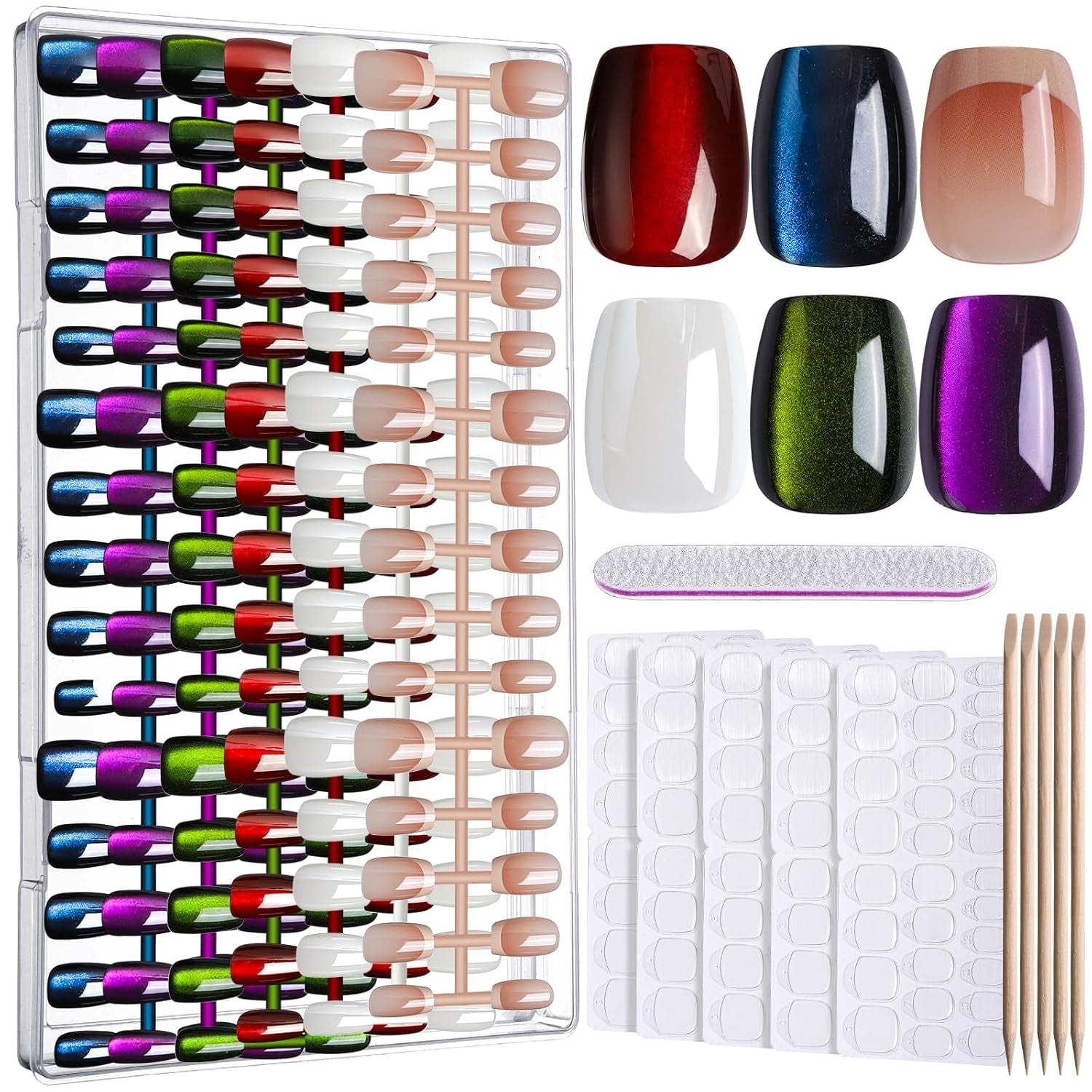 Press on Nails, 6 Colors Cat Eye Press on Nails Short, Natural Fake Nails Glossy French Tip, Cat Eye Nails for Women Salon Quality, Christmas Iridescent Press on Nails Kit