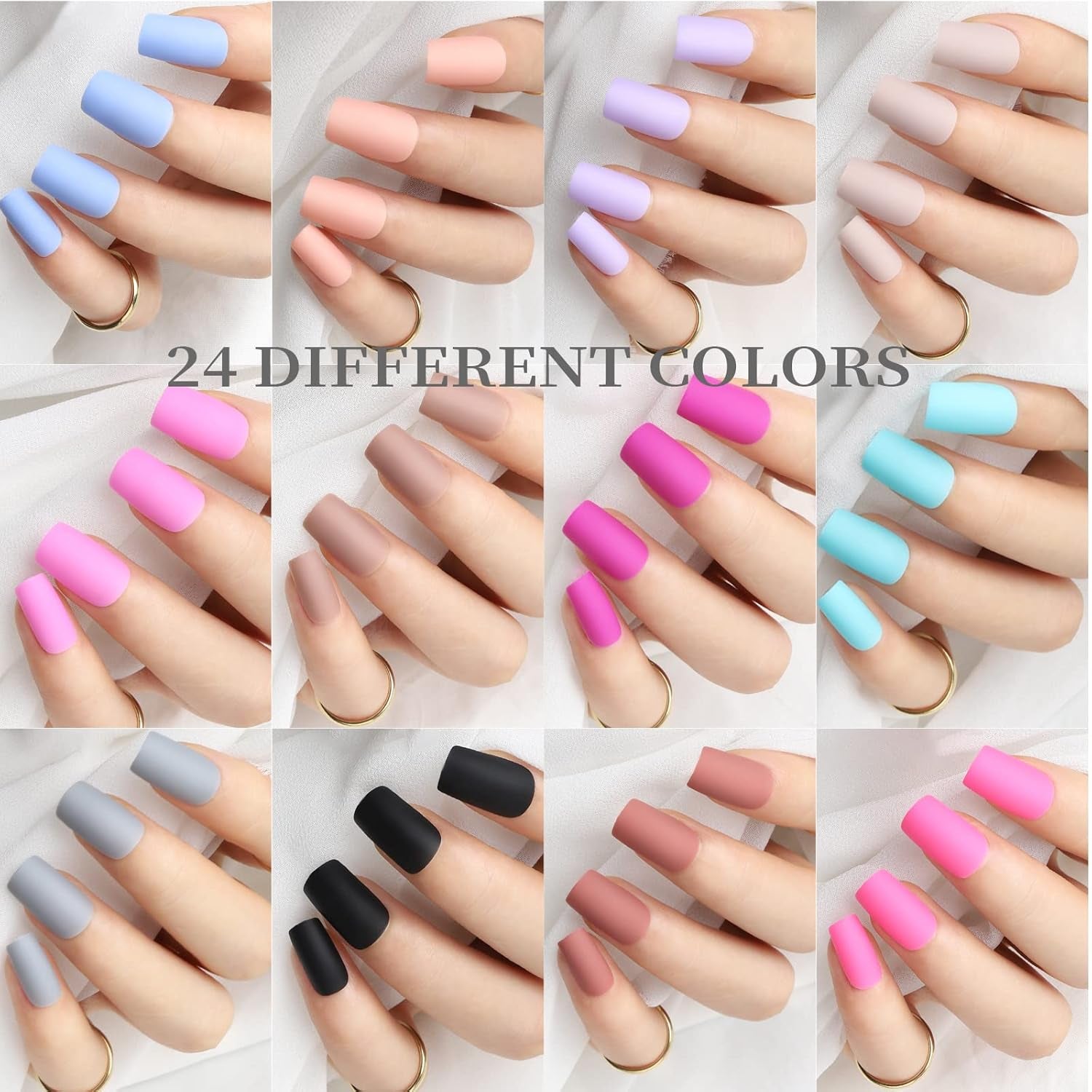 Matte Press on Nails, 24 Packs 576PCS Press on Nails Medium Square Matte, Lightweight Natural Fake Nails Full Cover, False Nails with Glue