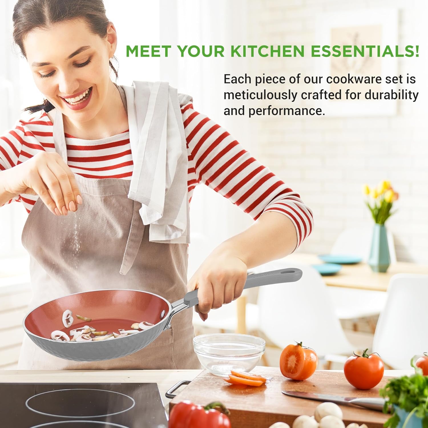 11 Piece Nonstick Ceramic Cookware Set - Pots and Pans Set with Ergonomic Handles, Induction Ready, Includes Saucepan, Dutch Oven, Large & Small Fry Pans
