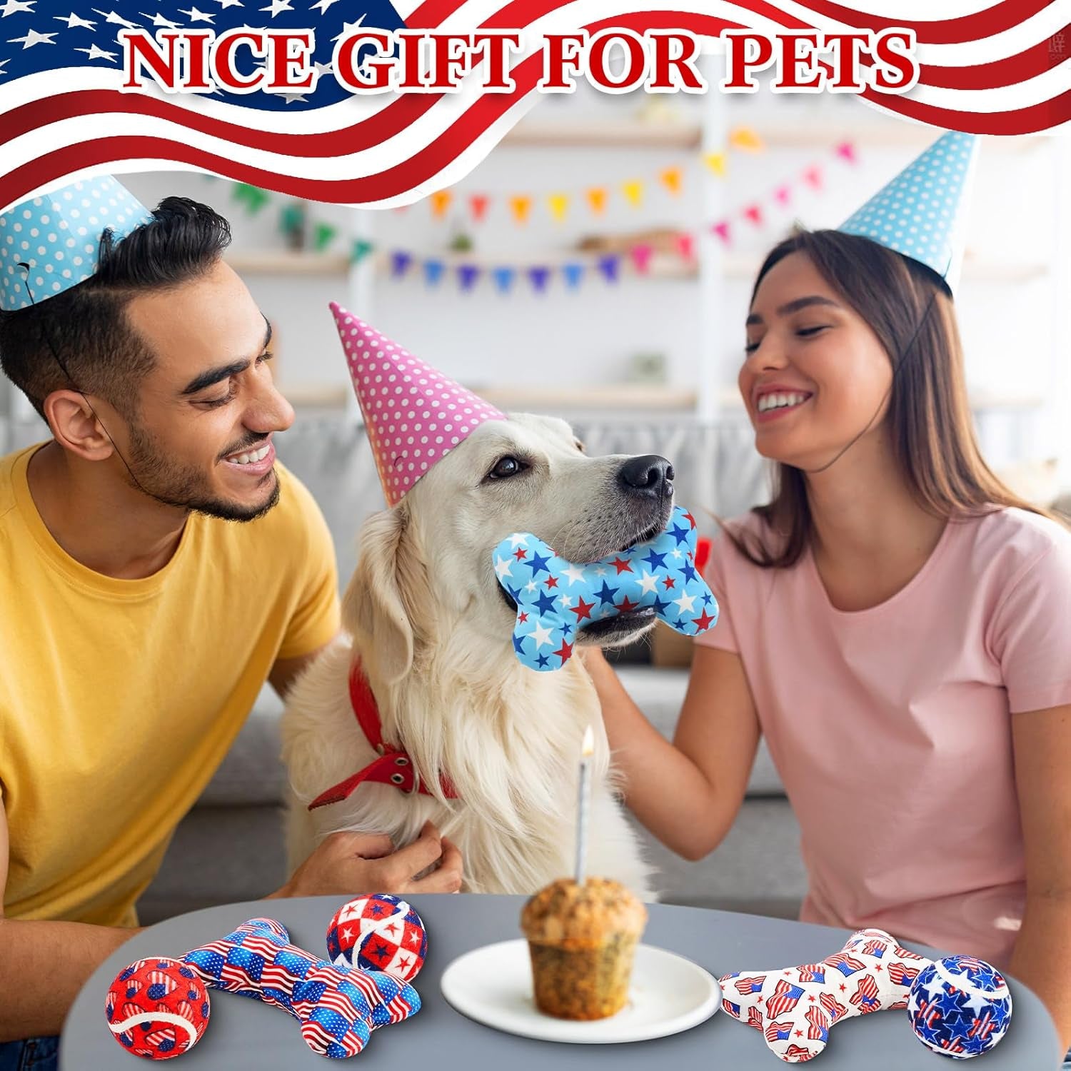 6 Pcs 4Th of July Dog Toys Patriotic Day 250Th Anniversary Puppy Tennis Balls and Squeaky Bone Plush Red White and Blue Toys for Small Medium Large Dog Plush Chew Training Toss Balls Gift