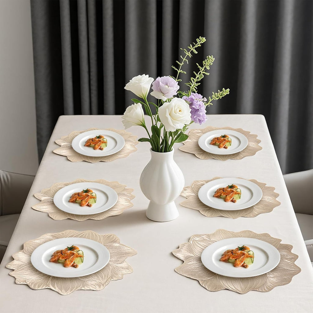 Gold Metallic round Placemats 15" Set of 6, Pressed Lotus Flower Design, Washable & Non-Slip Vinyl - Perfect for Dinner, Holiday, Wedding Decor & Party Table Settings