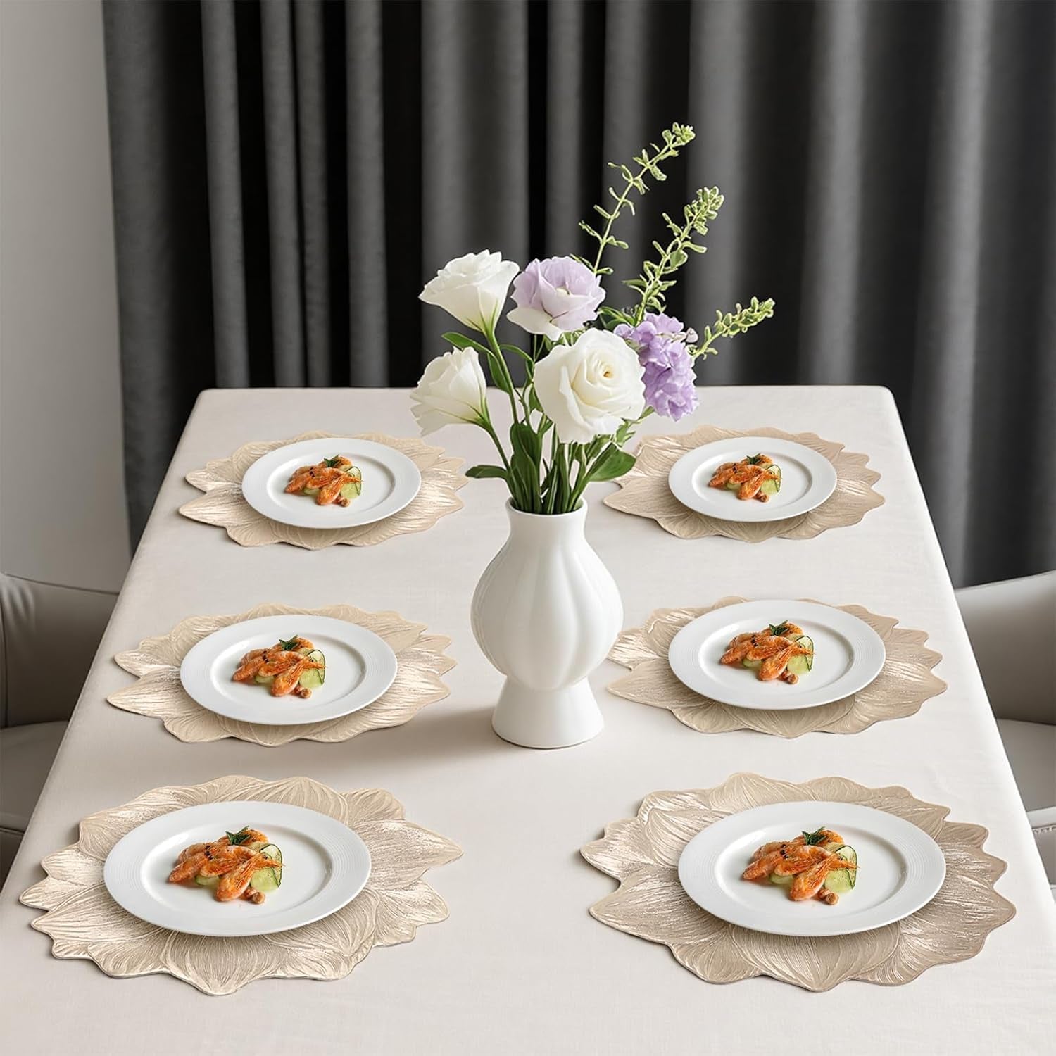 Gold Metallic round Placemats 15" Set of 6, Pressed Lotus Flower Design, Washable & Non-Slip Vinyl - Perfect for Dinner, Holiday, Wedding Decor & Party Table Settings