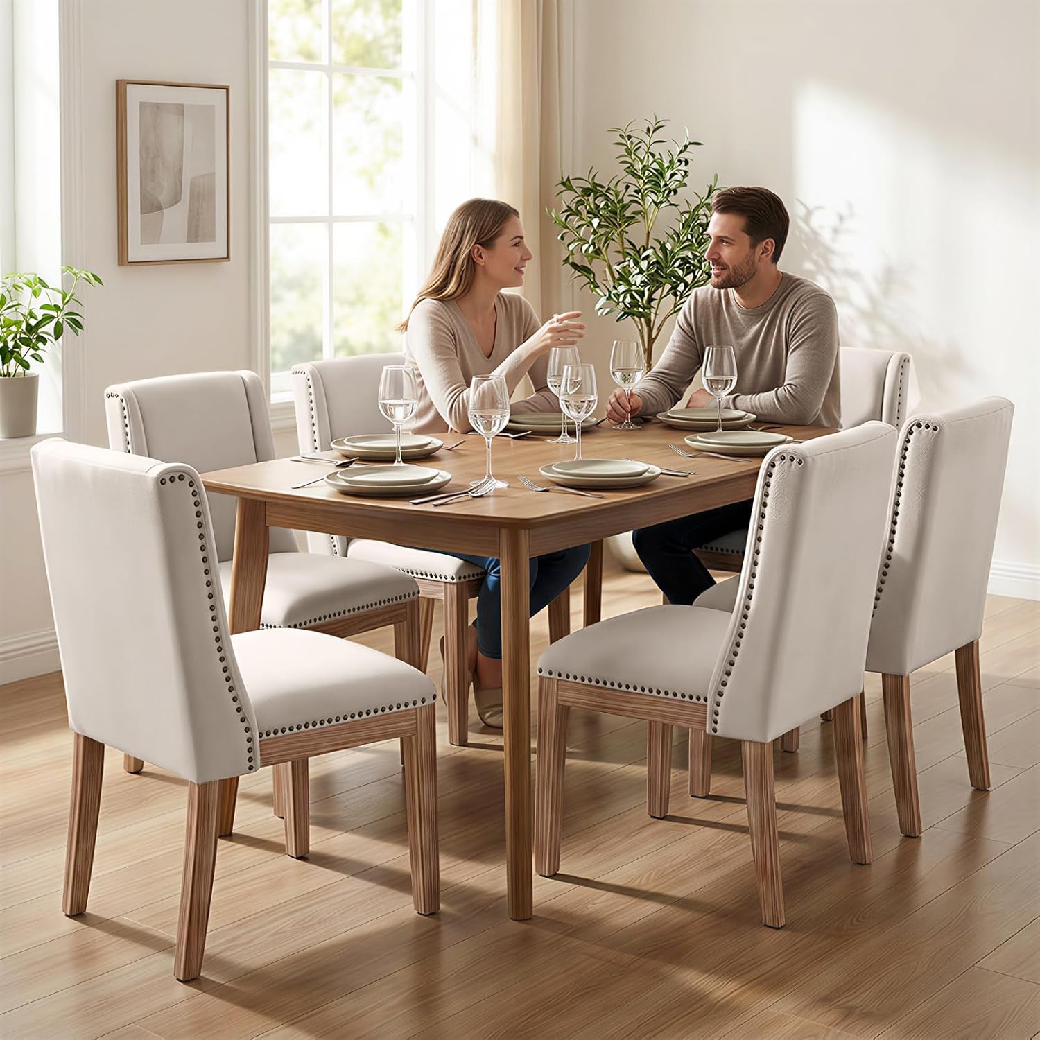 Dining Chair Set of 6, Fabric Upholstered Kitchen Side Chairs with Wooden Legs for Kitchen & Restaurant Use, Beige