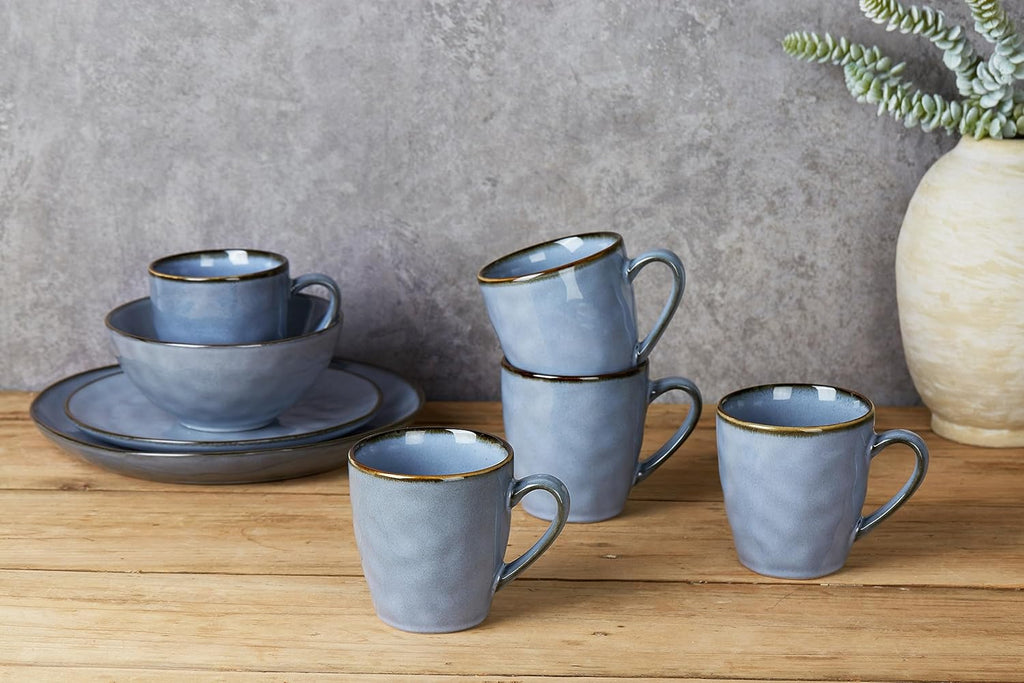 Ocean round Plates and Bowls Sets for Kitchen, 16-Piece Dinnerware Sets for 4, Mug Set for 4, Reactive Glaze, Blue