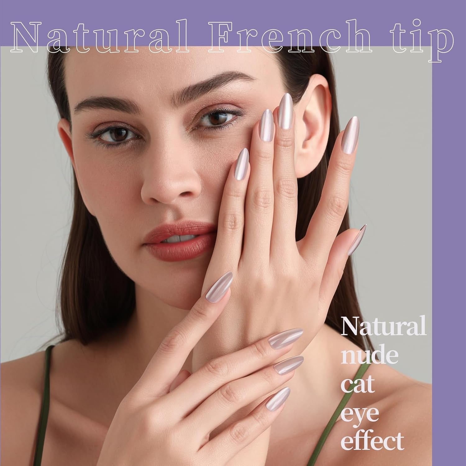 Press on Nails Almond, 6 Colors Cat Eye Press on Nails, Natural Fake Nails Glossy French Tip, Cat Eye Nails for Women Salon Quality, Christmas Iridescent Chrome Press on Nails Kit