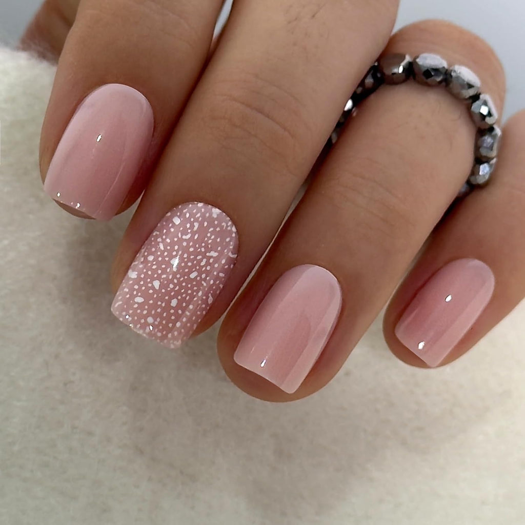 Press on Nails Short Square Pink - Snowflake Glitter Press on Nails with Glue, White Snowflakes Sparkle Glossy False Nail Tips for Women Winter Christmas