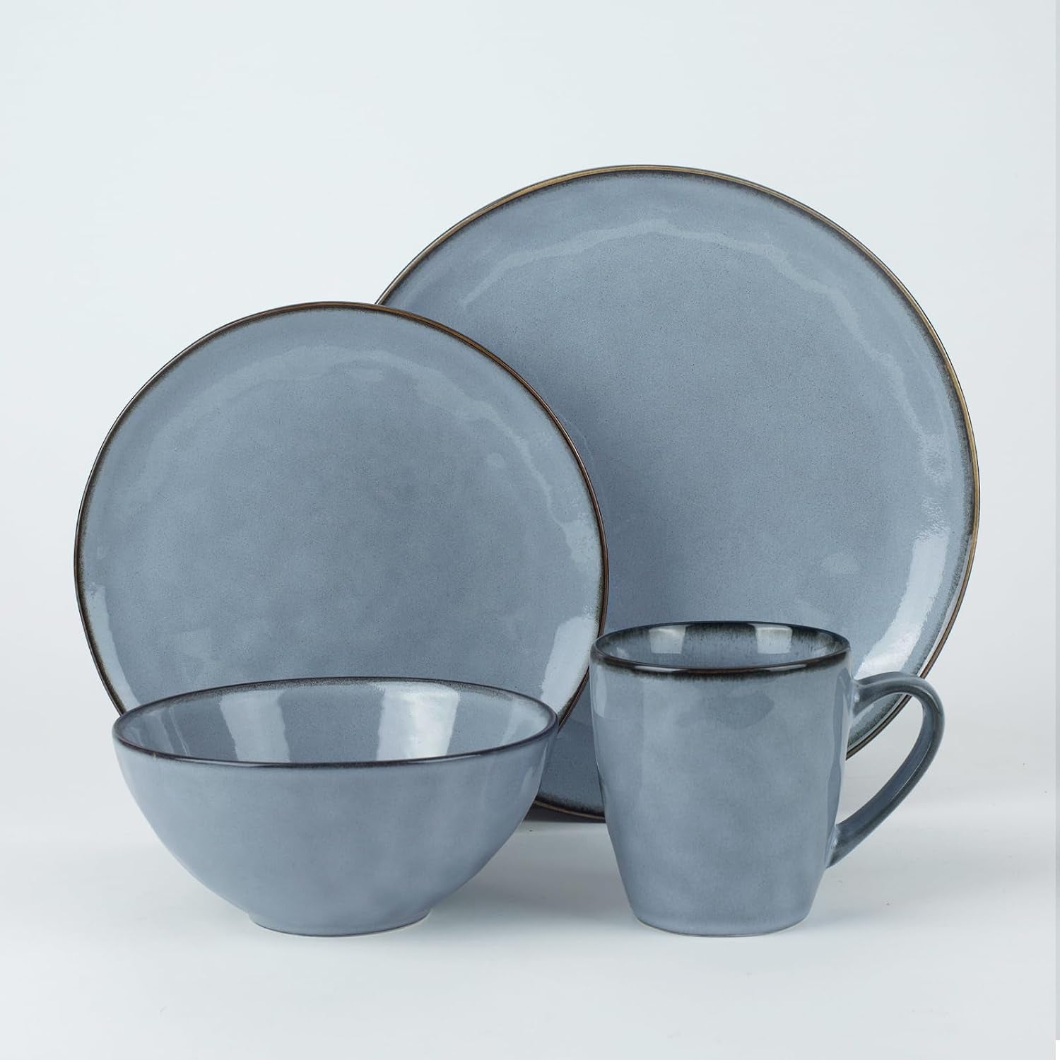 Ocean round Plates and Bowls Sets for Kitchen, 16-Piece Dinnerware Sets for 4, Mug Set for 4, Reactive Glaze, Blue