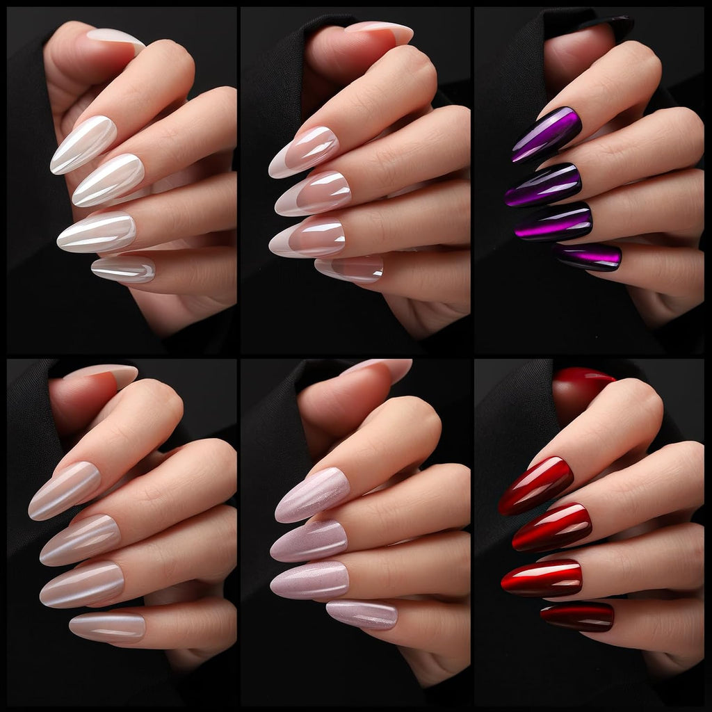 Press on Nails Almond, 6 Colors Cat Eye Press on Nails, Natural Fake Nails Glossy French Tip, Cat Eye Nails for Women Salon Quality, Christmas Iridescent Chrome Press on Nails Kit