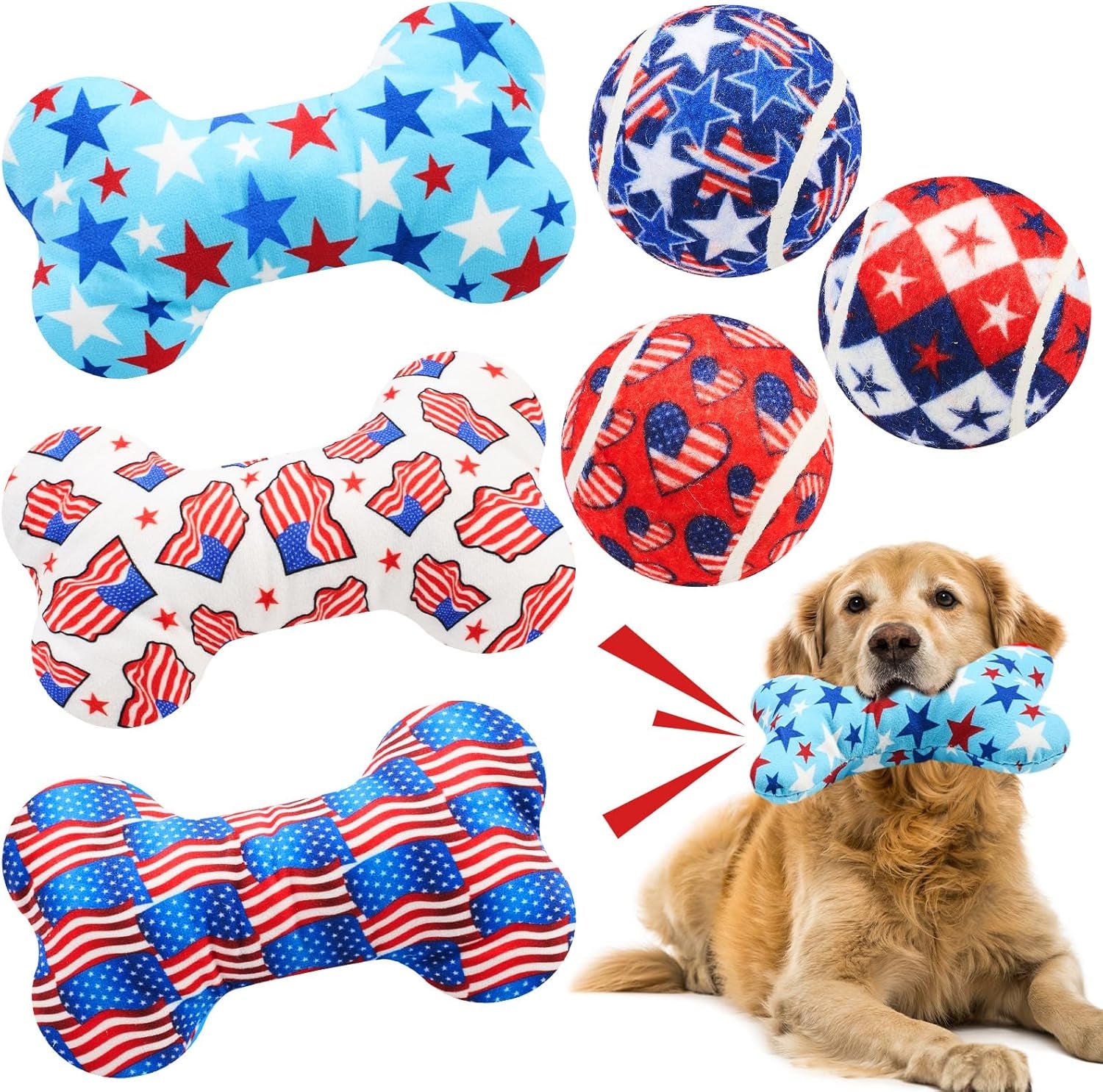6 Pcs 4Th of July Dog Toys Patriotic Day 250Th Anniversary Puppy Tennis Balls and Squeaky Bone Plush Red White and Blue Toys for Small Medium Large Dog Plush Chew Training Toss Balls Gift