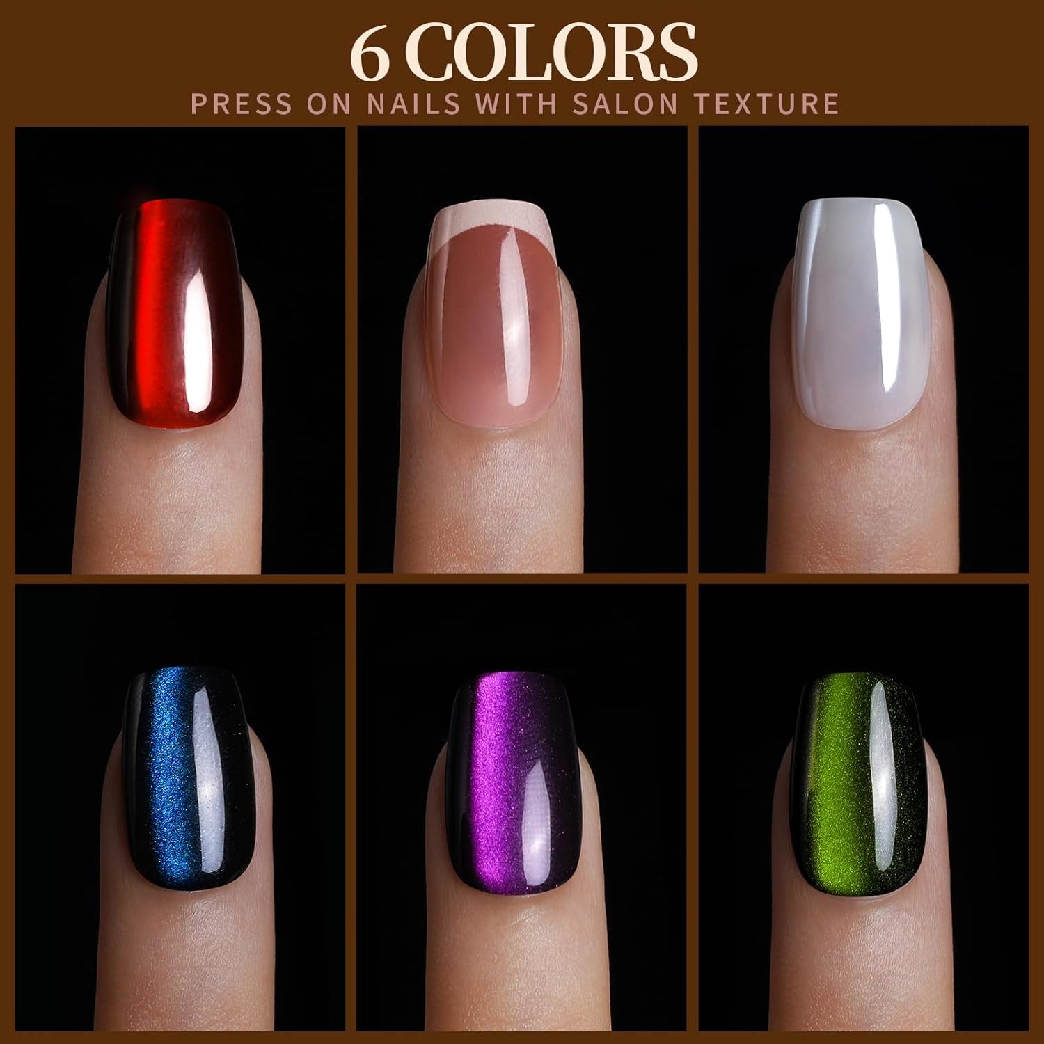 Press on Nails, 6 Colors Cat Eye Press on Nails Short, Natural Fake Nails Glossy French Tip, Cat Eye Nails for Women Salon Quality, Christmas Iridescent Press on Nails Kit