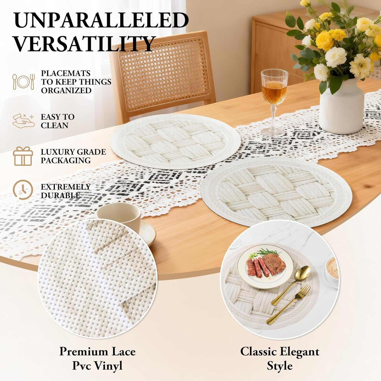 15 Inch round Placemats Set of 4,Washable Wipeable Durable Place Mats for Dining Table,Kitchen Decor, Non Slip Lace PVC Vinyl Braided Table Mats(4, Cross-Weave Straw)