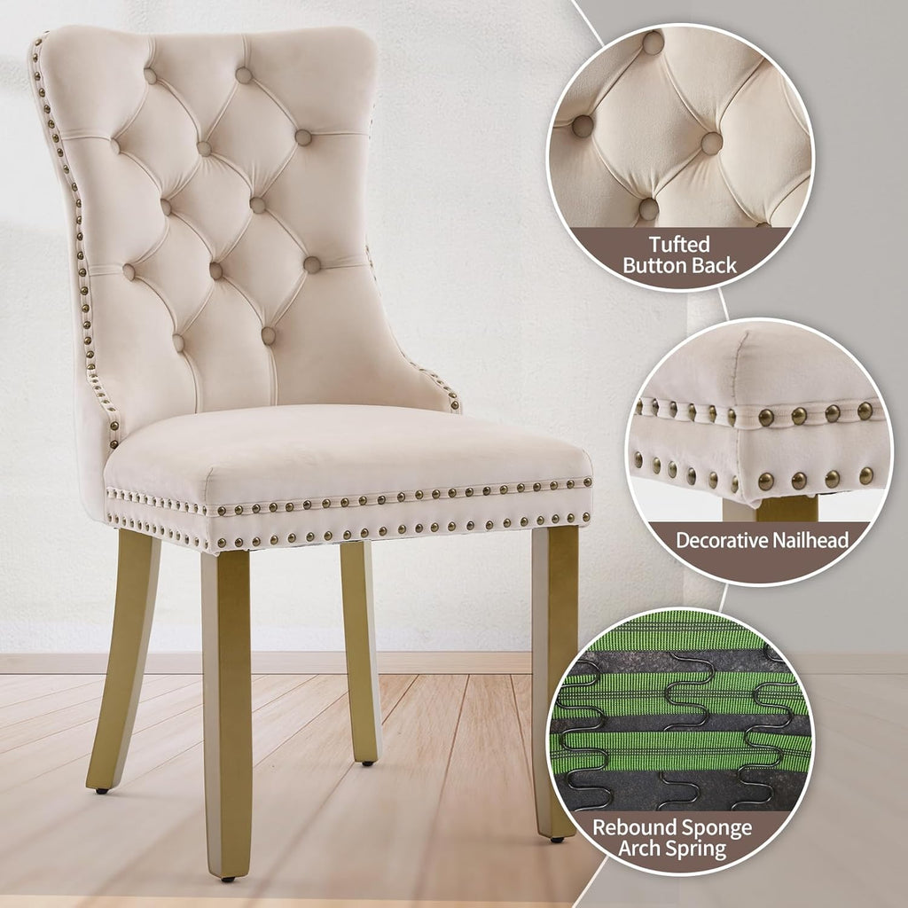 Beige Velvet Dining Chairs Set of 4, Upholstered with Lion Head Pulls and Golden Solid Wood Legs, Modern Button Tufted Kitchen Chairs for Dining Room
