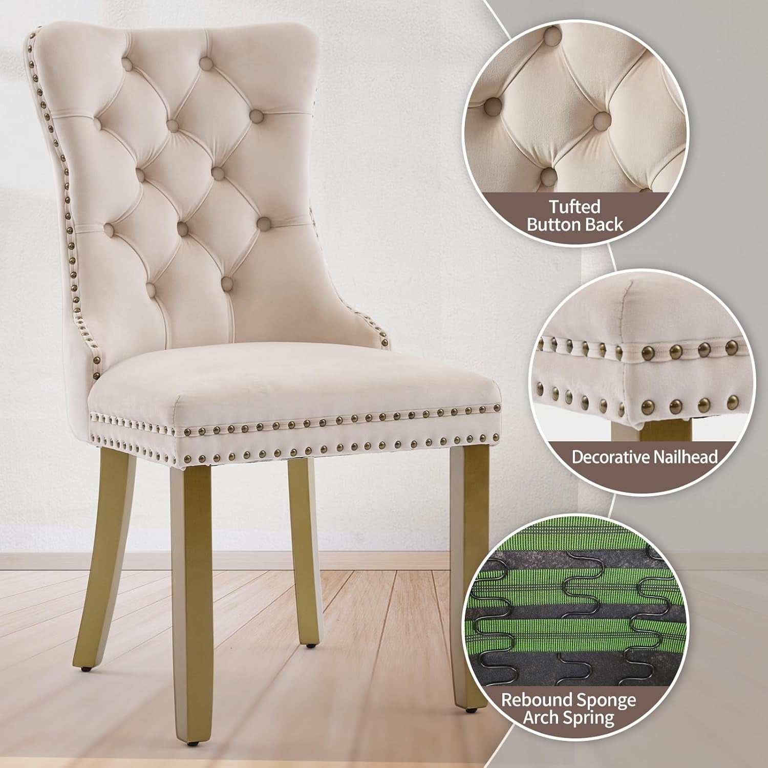 Beige Velvet Dining Chairs Set of 4, Upholstered with Lion Head Pulls and Golden Solid Wood Legs, Modern Button Tufted Kitchen Chairs for Dining Room