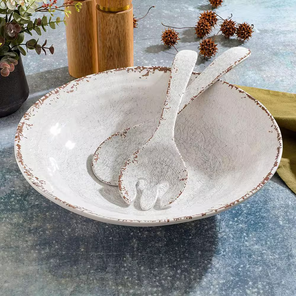 Mauna 14 In. 30 Fl.Oz. White Melamine Serving Bowl Set with Serving Utensils (Set of 3)