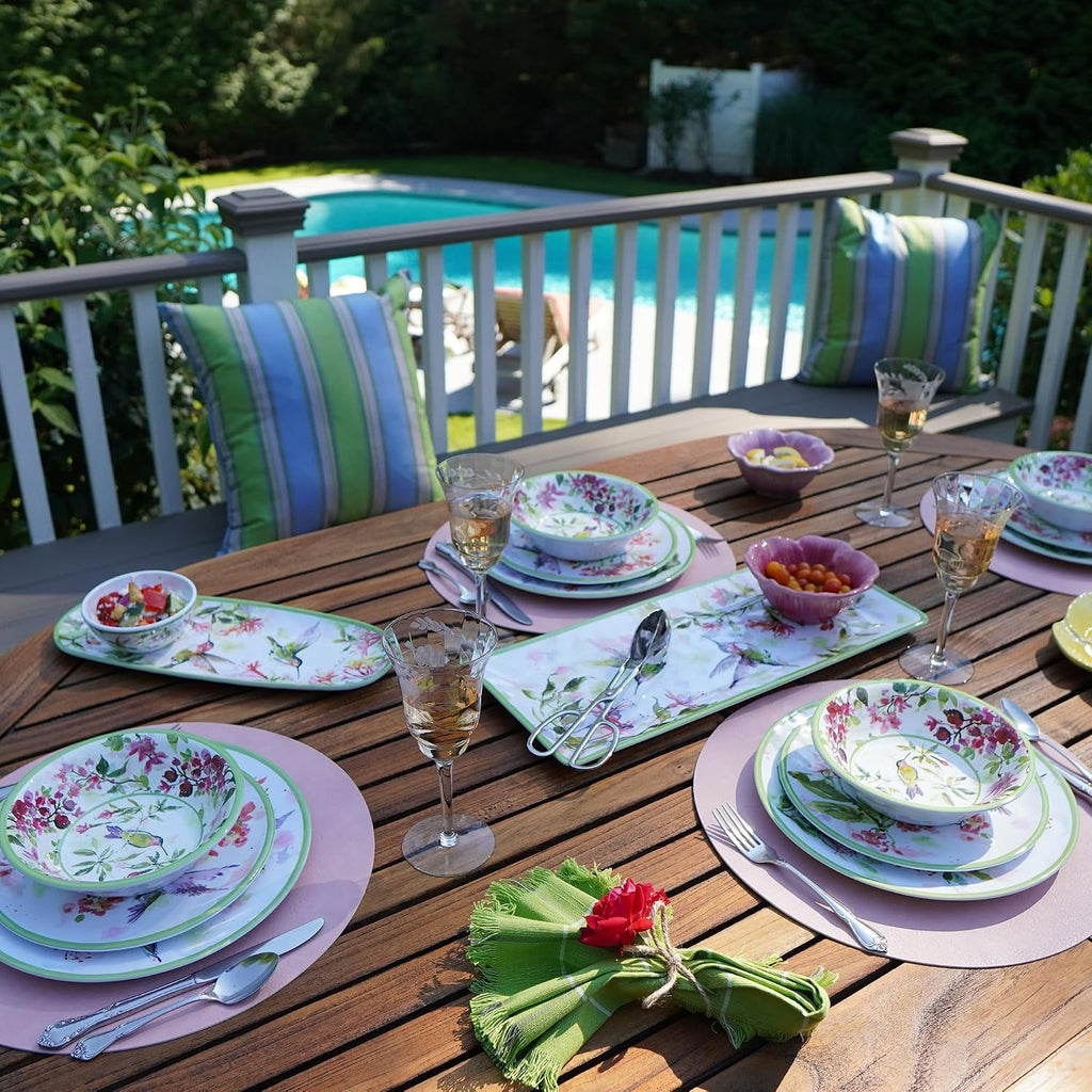 Hummingbirds 12-Piece Melamine Dinnerware Set – Service for 4 with Dinner, Salad, and Bowls – Lightweight, Durable, Dishwasher Safe, Floral Hummingbird Design for Indoor & Outdoor Dining