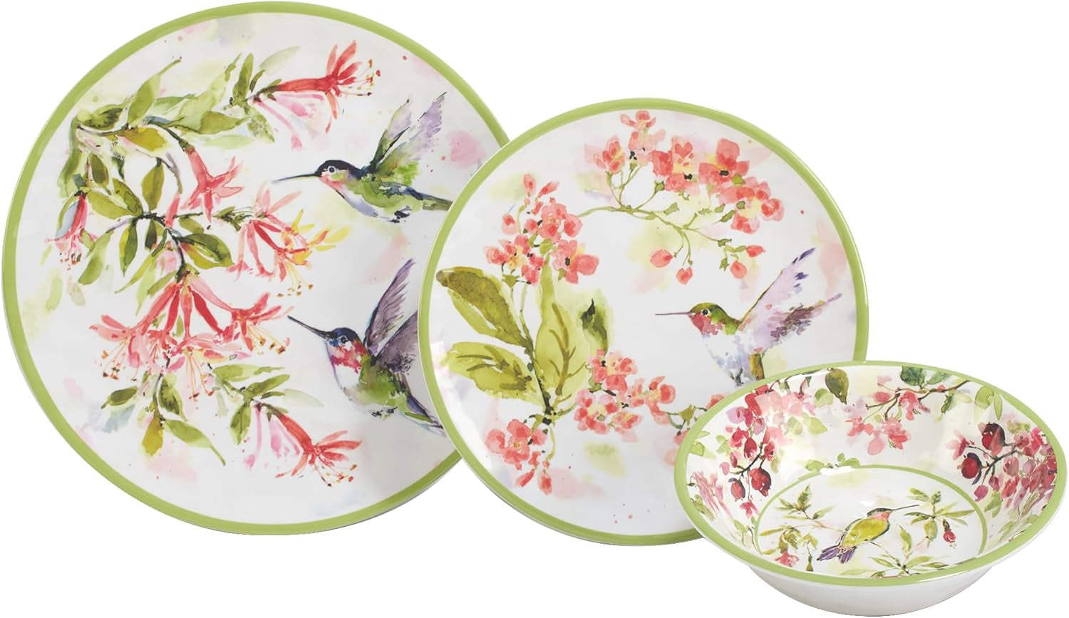 Hummingbirds 12-Piece Melamine Dinnerware Set – Service for 4 with Dinner, Salad, and Bowls – Lightweight, Durable, Dishwasher Safe, Floral Hummingbird Design for Indoor & Outdoor Dining