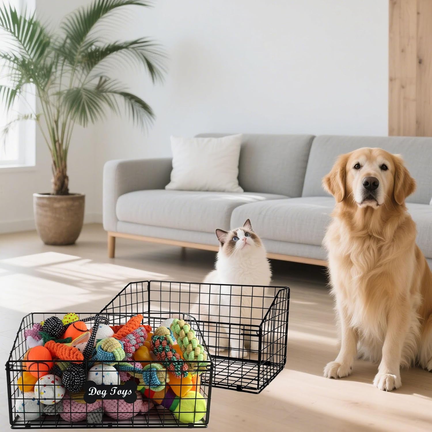 2 Pcs Dog Toy Basket Medium,Pet Storage Toys Box Metal Organizer Bin Dogs Wire Rack Container for Pet Food Storage Living Room Bins Plastic Supplies Boxes Puppy Cat Chest Organizers Treat Cabinet