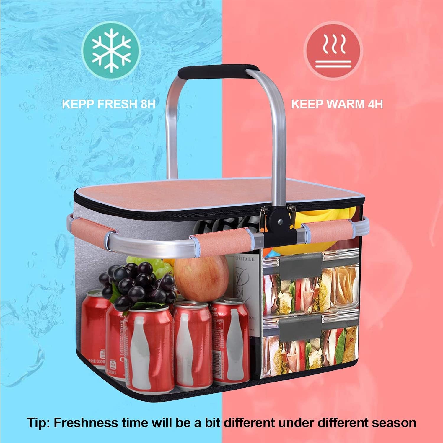 35L Large Picnic Basket 2 Layers of Internal Pockets Leak-Proof and Insulated ，Folding with Internal Support for Enhansed Stability, Wedding Gifts for Couple(Salmon Color)