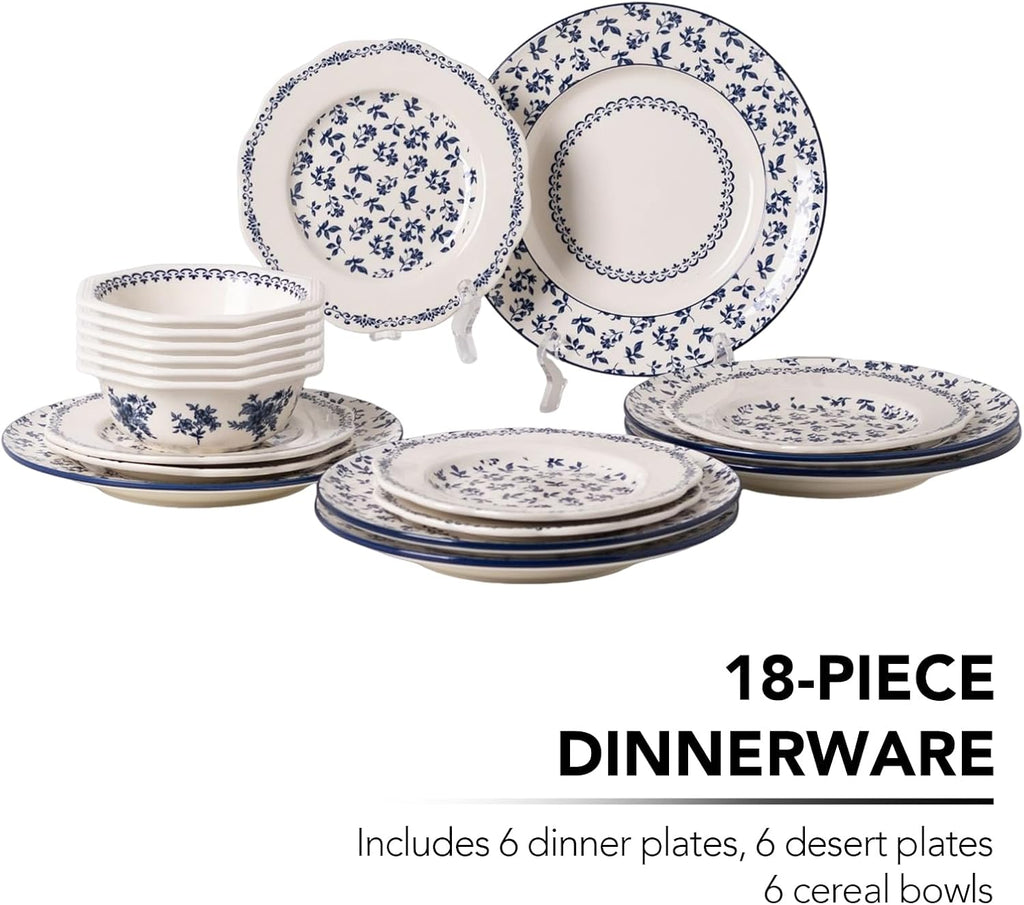 Dinnerware Set, Blue Manor 18-Piece Ceramic Dishware Set, Underglaze Floral Pattern, Premium Porcelain Dish Set for 6, Includes Plates & Bowls, Dishwasher Safe