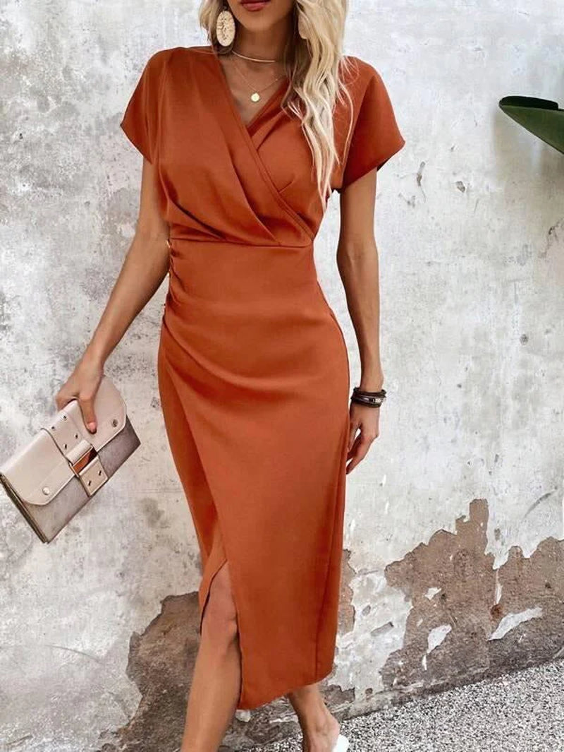 Women’S Rust Wrap Midi Dress – Elegant V-Neck Side Slit Evening Dress