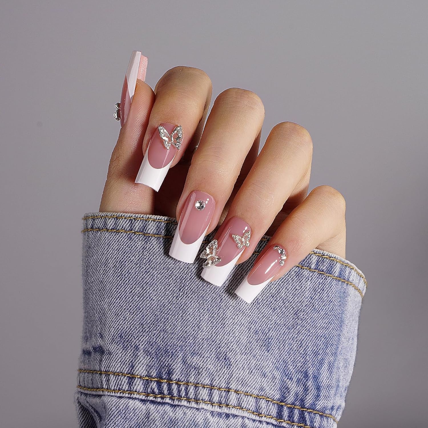 French Tip Press on Nails - 300Pcs Pre-Colored Quick and Easy Press on Nails Long Square Fake Nails with Designs DIY Gel Nail Tips, Pink White