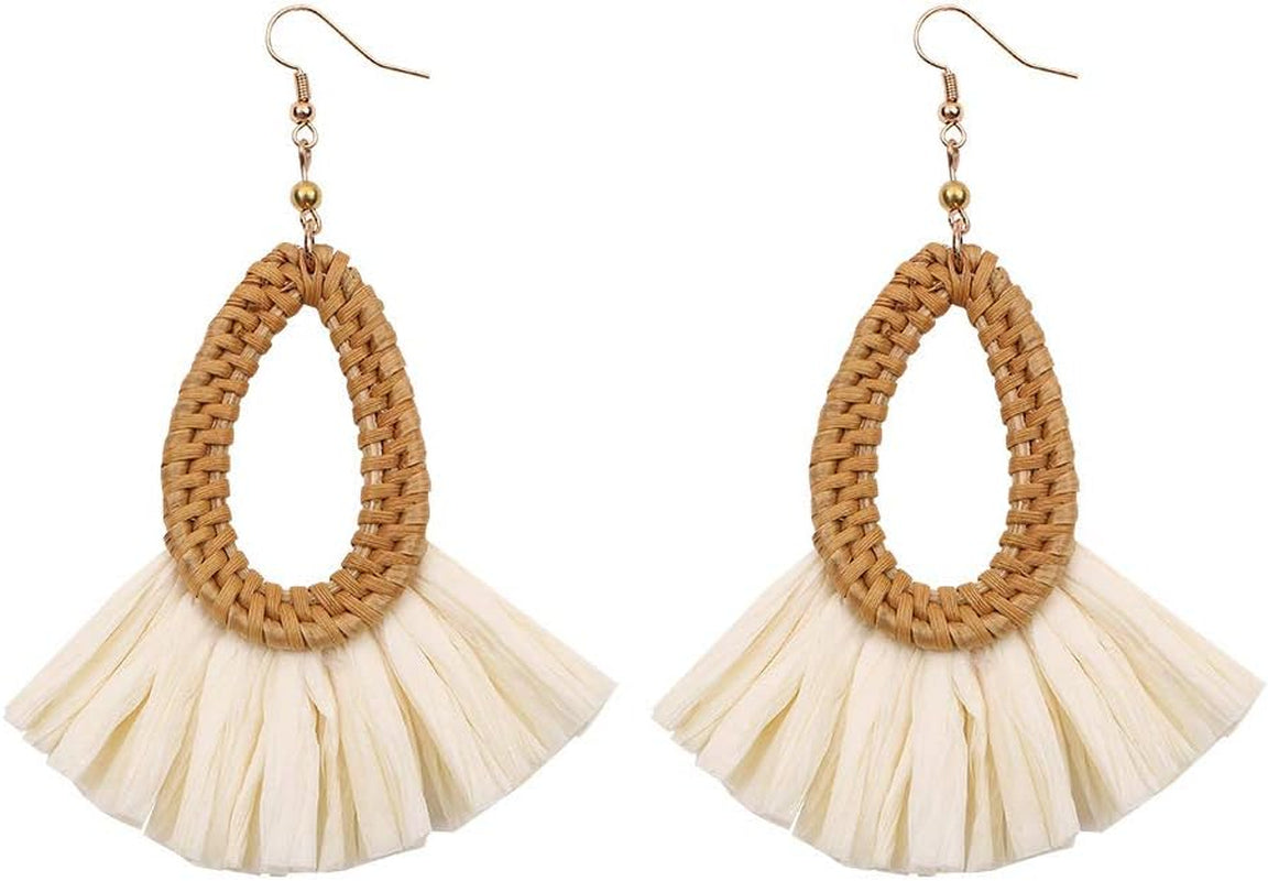 Bohemia Tassel Earrings Statement Handmade Dangle Ethnic Fringe Earrings Bamboo Weaving Geometric Square Sector Gifts for Women