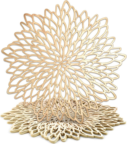 10 Pack Gold Vinyl Placemats - 14.4" X 14.4" round Table Mats and Plate Chargers with Leaf Design for Elegant Table Decor and Protection - Stylish Charger Plates for Events and Wedding Parties