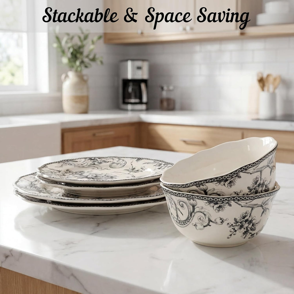 Adelaide 16-Piece Casual Grey Porcelain Dinnerware Set – Service for 4, Classic Toile Bird & Floral Design, Microwave & Dishwasher Safe, for Everyday Dining & Entertainment