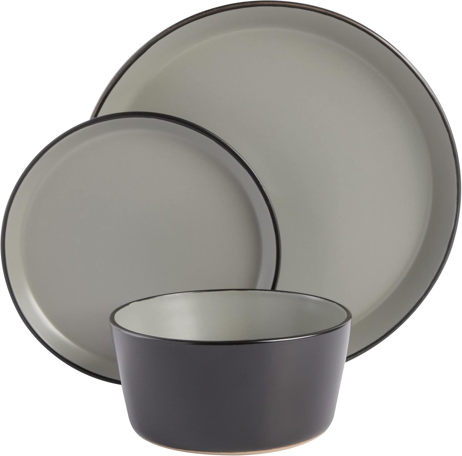 Sofia Coupe 12-Piece Stoneware Dinnerware Set, Service for 4 – Grey Plates and Bowls