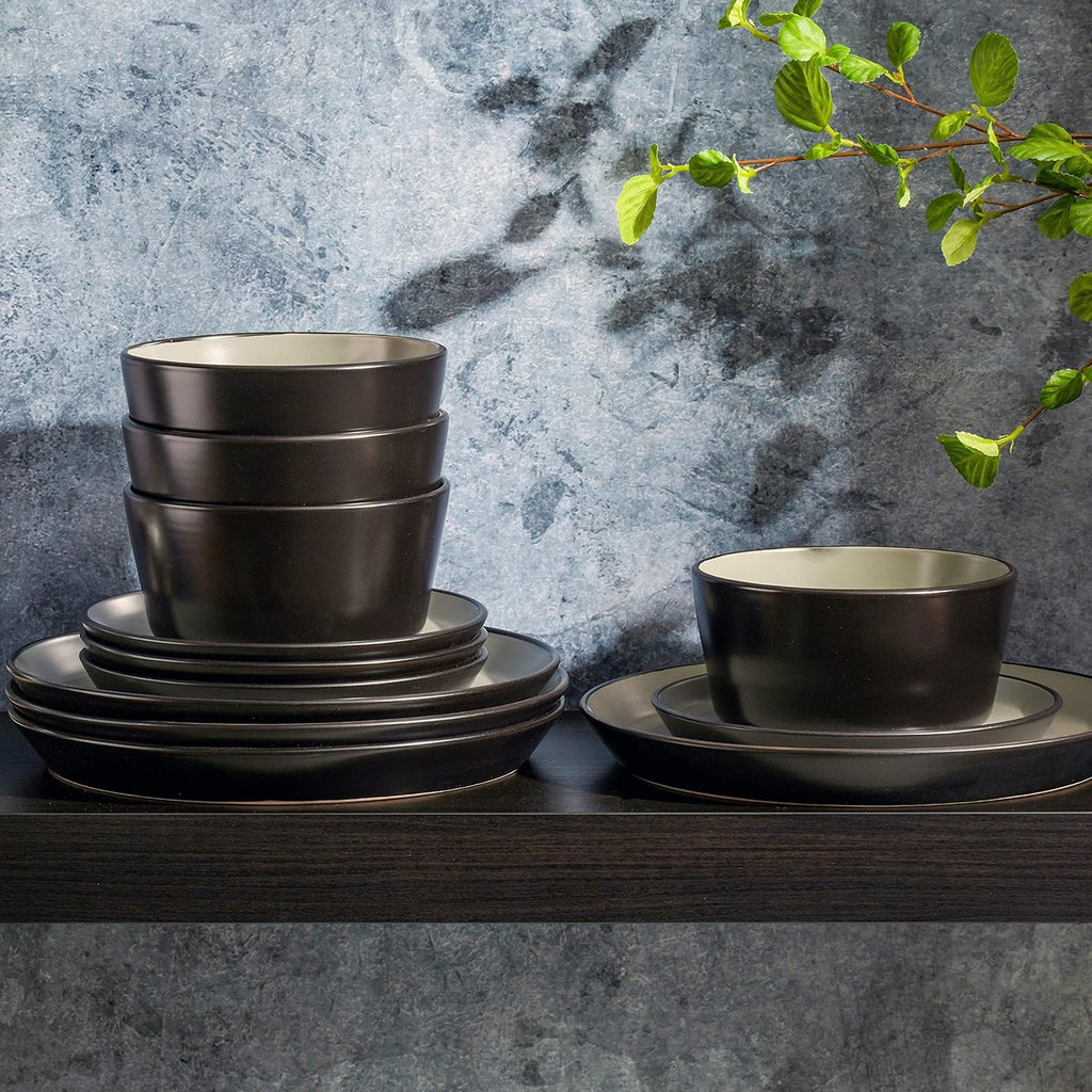 Sofia Coupe 12-Piece Stoneware Dinnerware Set, Service for 4 – Grey Plates and Bowls