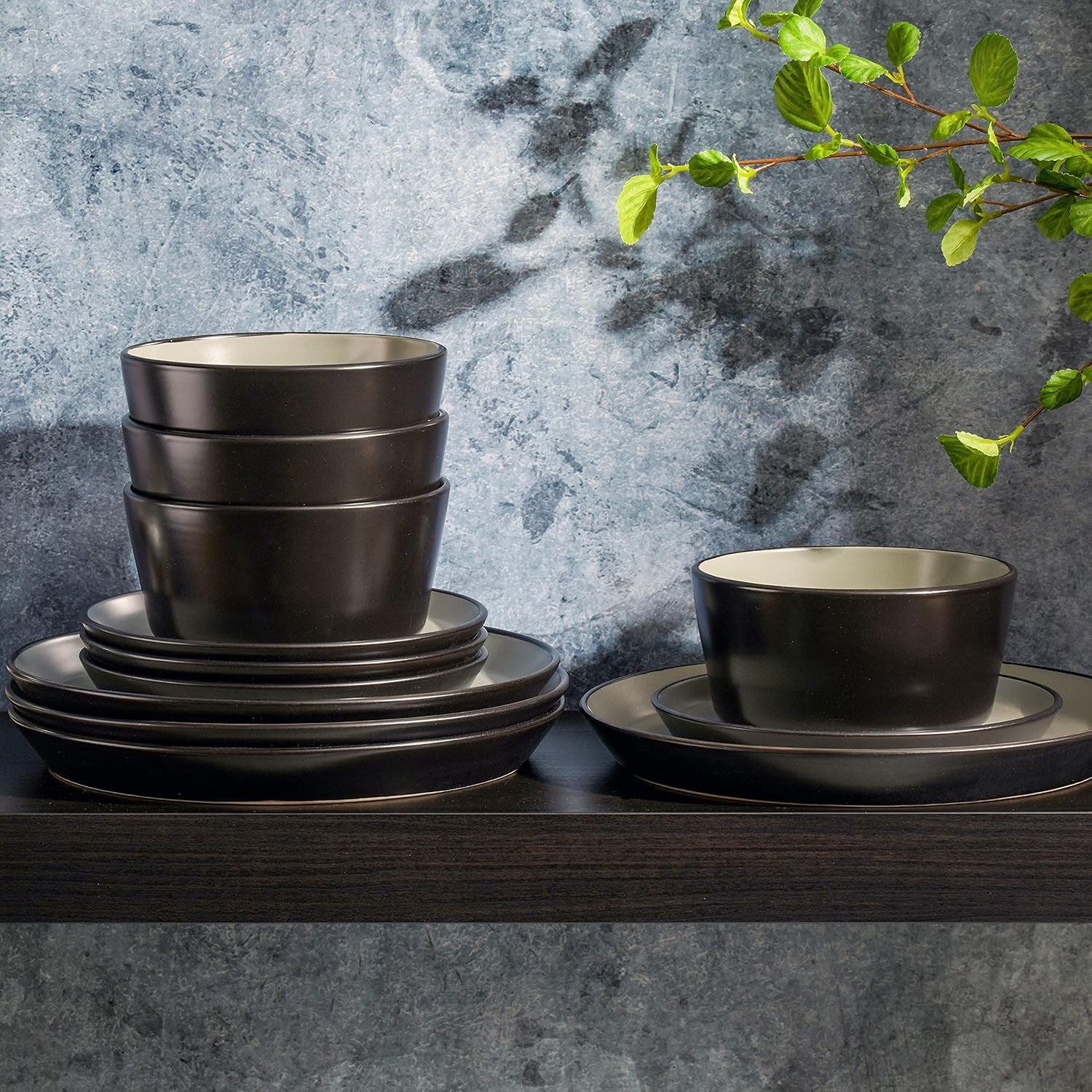Sofia Coupe 12-Piece Stoneware Dinnerware Set, Service for 4 – Grey Plates and Bowls