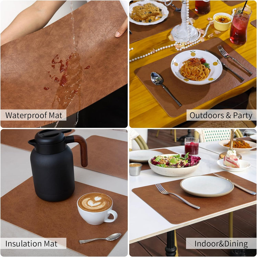 Cowhide Pattern Faux Leather Placemats Set of 4,Heat Resistant Non-Slip Waterproof Wipeable Washable Kitchen Dining PU Table Place Mats,Double-Sides Available,Dark Coffee